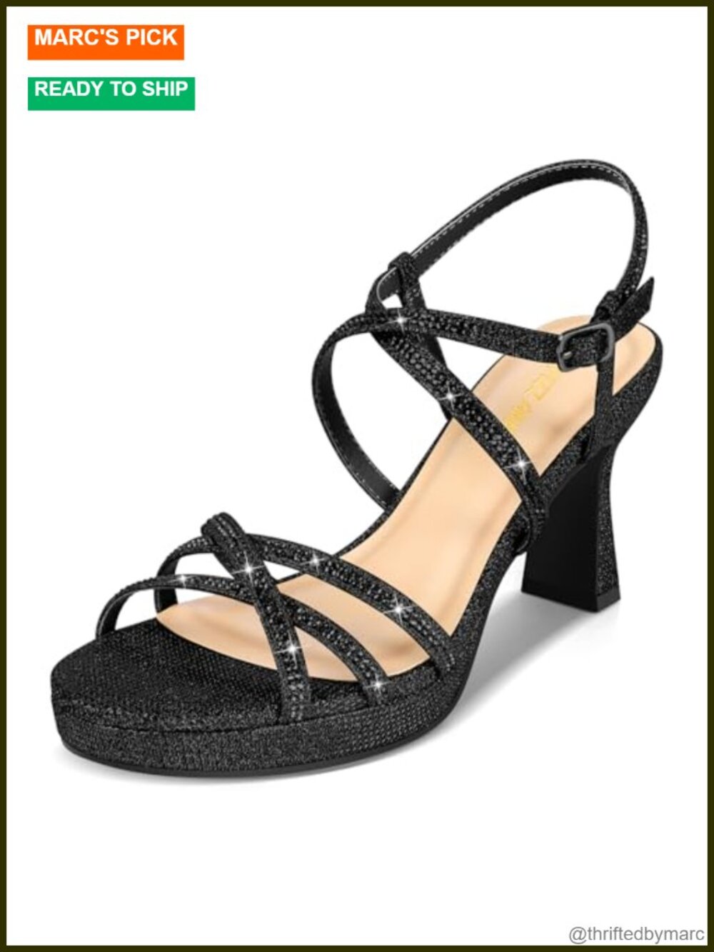 Stellora Rhinestone Strappy Platform Heels Block Heel Sandals Faux Leather